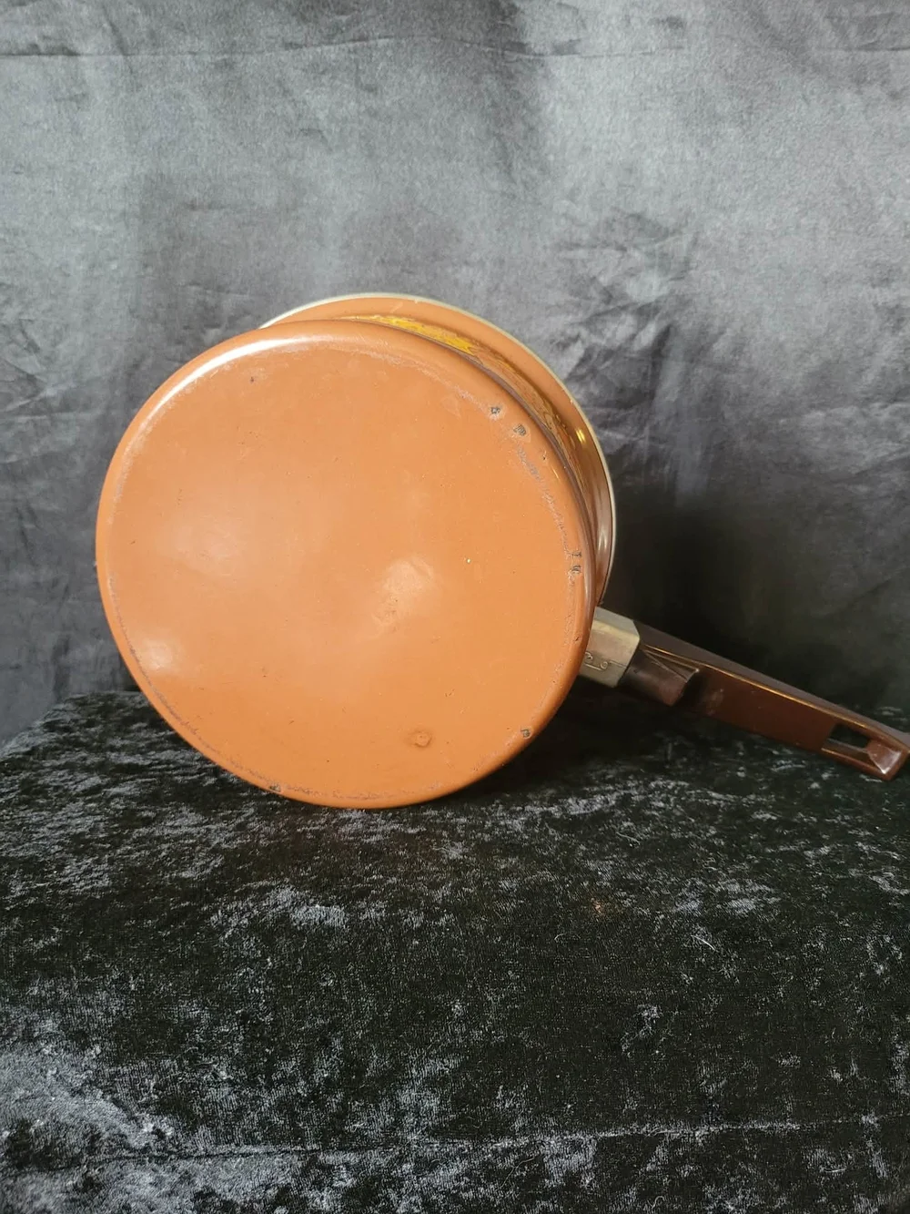Vintage Sears Mushroom Motif Enamel Saucepan with Lid - Brown